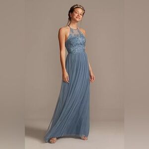 David’s Bridal Women’s Slate Blue Halter Fitted at Waist Maxi Dress Size 6